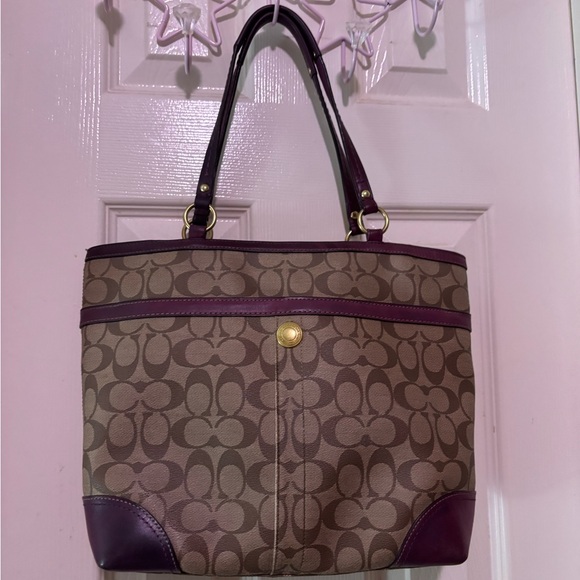 Coach Tan and Purple Tote with Lace Bow - Picture 4 of 7